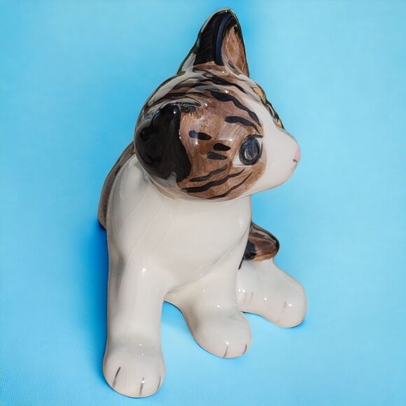 Artist Glazed Studio Art Crackle Heavy Ceramic Sitting Striped Tabby Cat Bookend - Picture 8 of 13